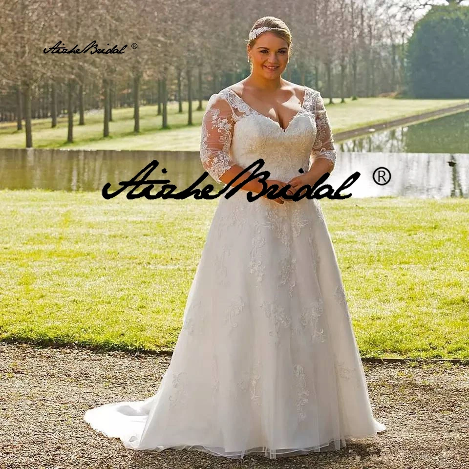 Vestido de novia de media manga de talla grande para mujer, cuello en V, encaje, línea A, vestidos de novia con apliques, bata De boda