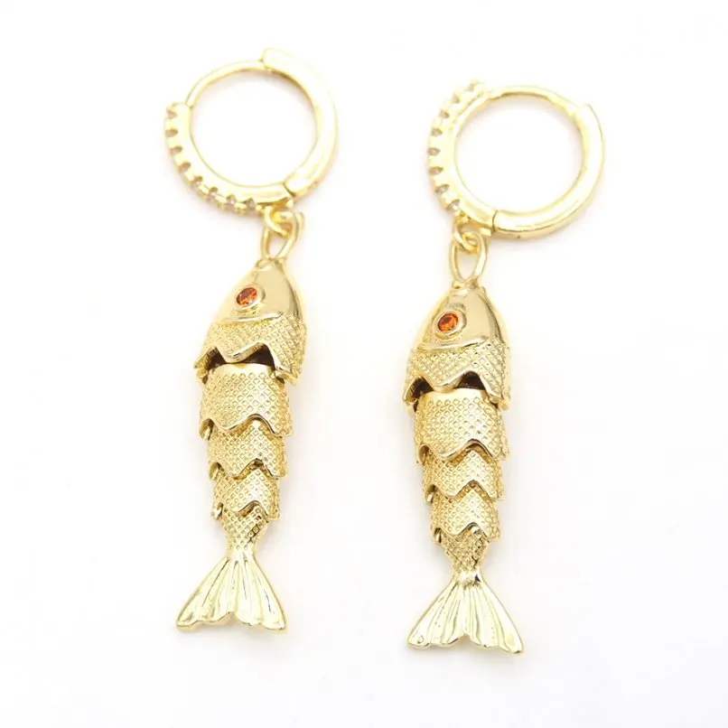 

1Pcs Invisible Setting Fish Nautical Earrings Cubic Zirconia Copper Gold Color Approx 46mm Jewelry Special Gift For Women