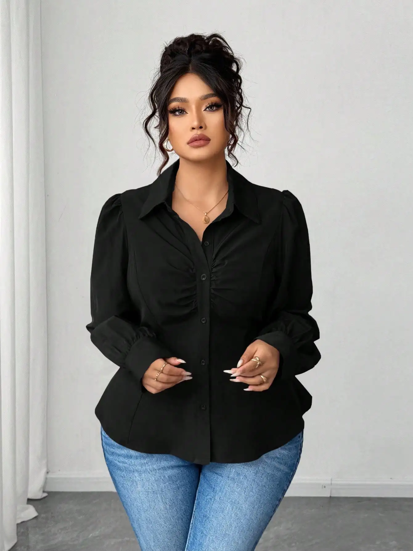 

Plus Size Women Solid Puff Sleeve Fitted Button Up Blouse Business Casual Elegant Top