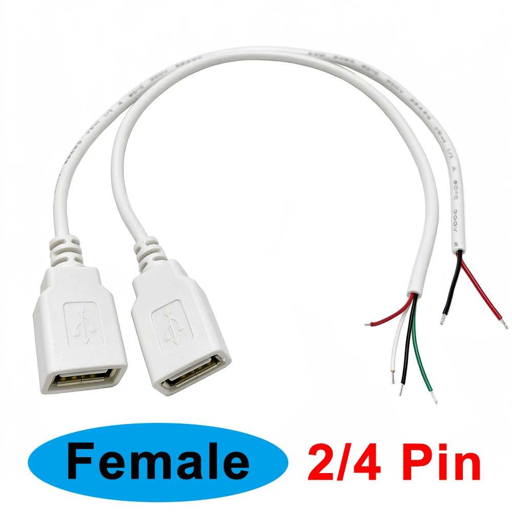 30cm White USB Power Supply Cable USB 2.0 A Male Female 2/4 Pin Pigtail Cable Charging Cord Extension Connector Repair DIY