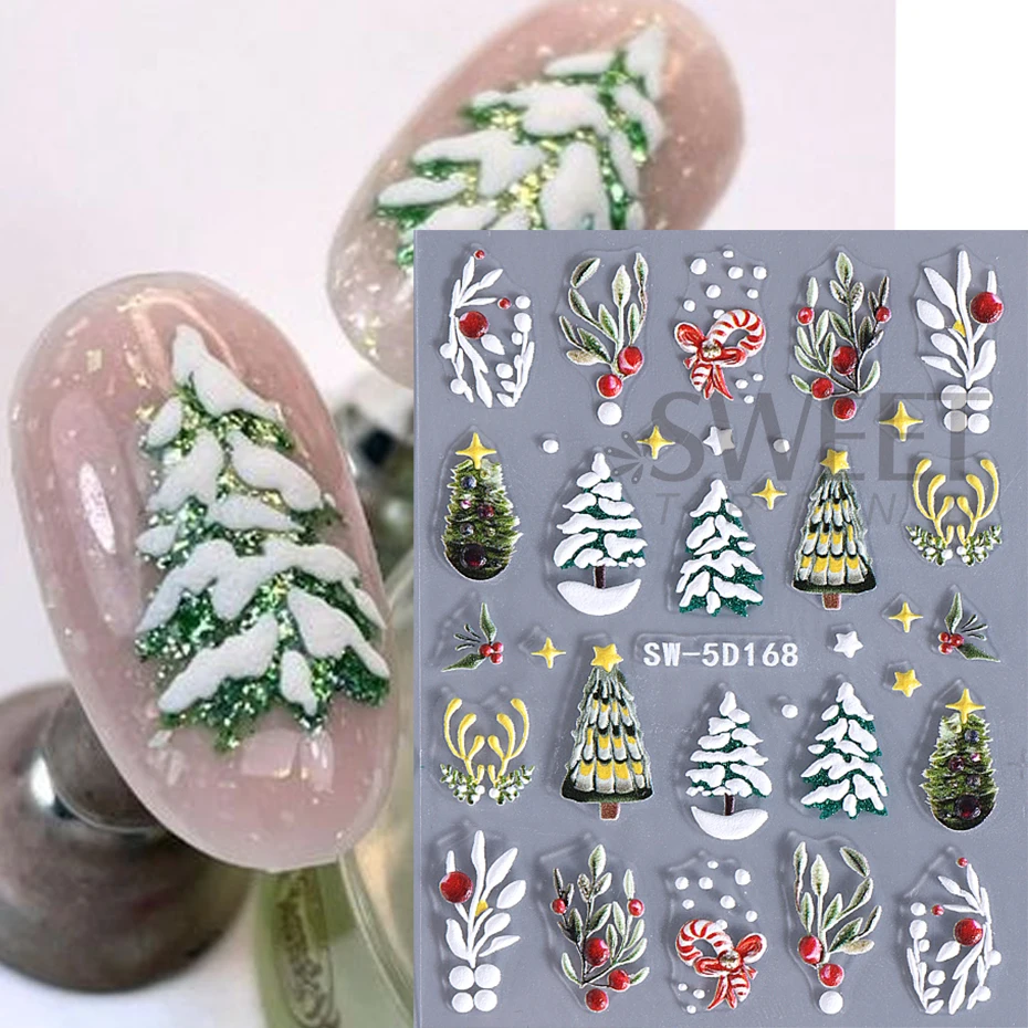 Christmas Nail Art Stickers 5D Embossed Santa Claus Xmas Tree Self-Adhesive Sliders Winter Decals New Year Manicure Decoration