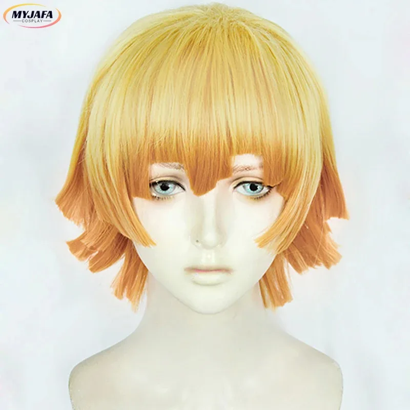 Peluca de Cosplay CyAnime Zenitsu Agatsuma, pelucas de disfraz de pelo corto dorado resistente al calor + gorro de peluca