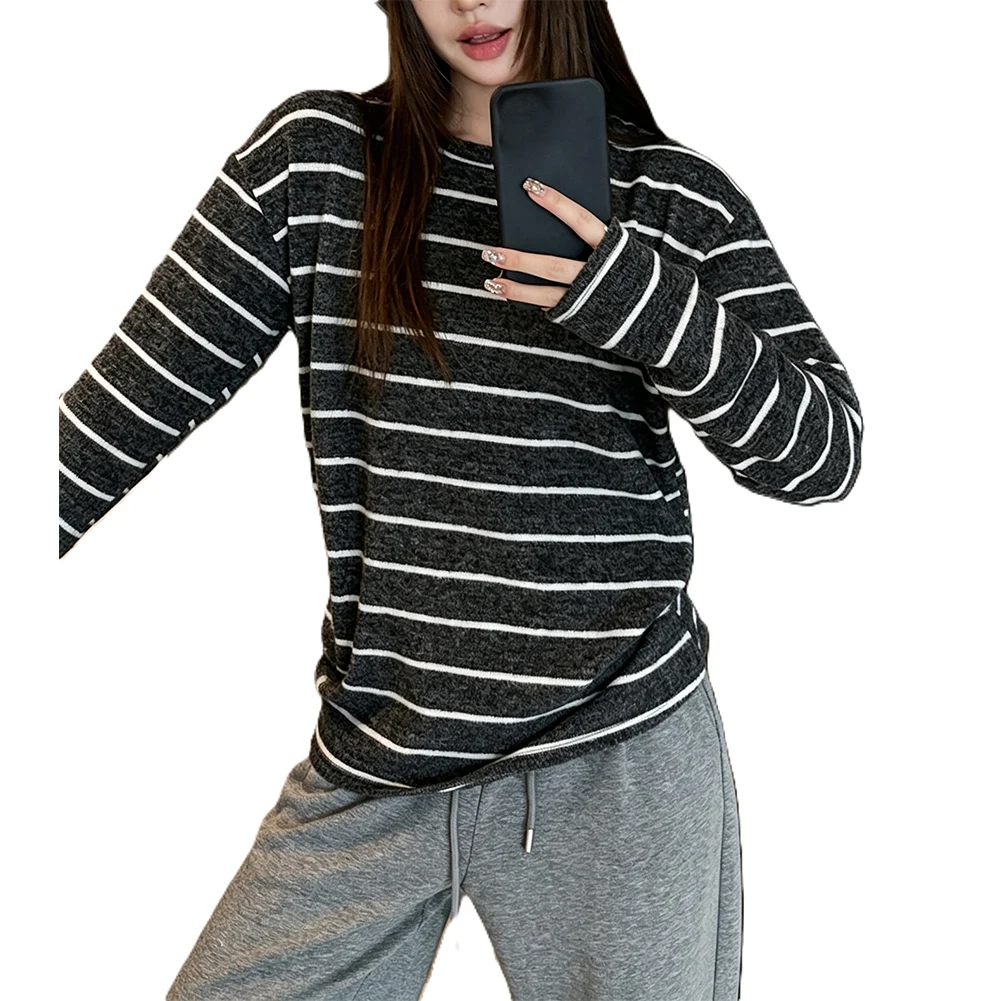 Women Color Block Striped Loose for Fit Long Sleeve T Shirt for Casual Wear Vacation Home Use Four Season Clothing