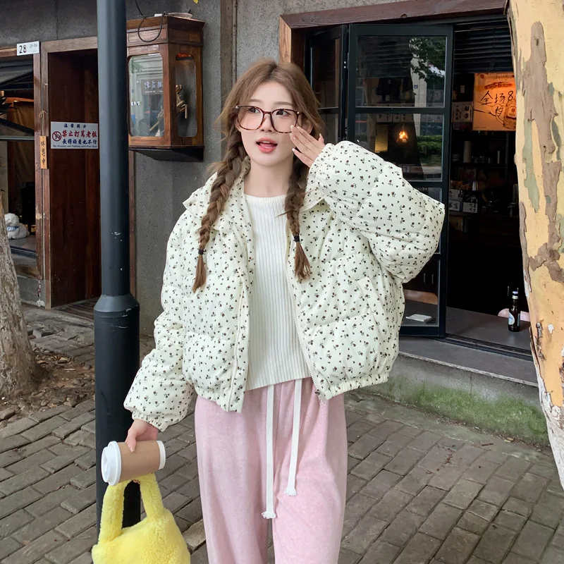 Parkas Coats Women Short Jackets Ditsy Floral Zipper Pocket Stand Collar Long Sleeves Loose Thick Office Lady Casual 2025 Winter