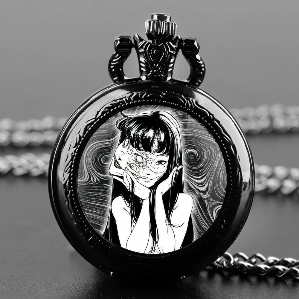 

Japanese Horror Manga Glass Dome Quartz Pocket Watch with Chain Fashion Accessory Arabic Necklace Pendant Clock Men Women Gifts
