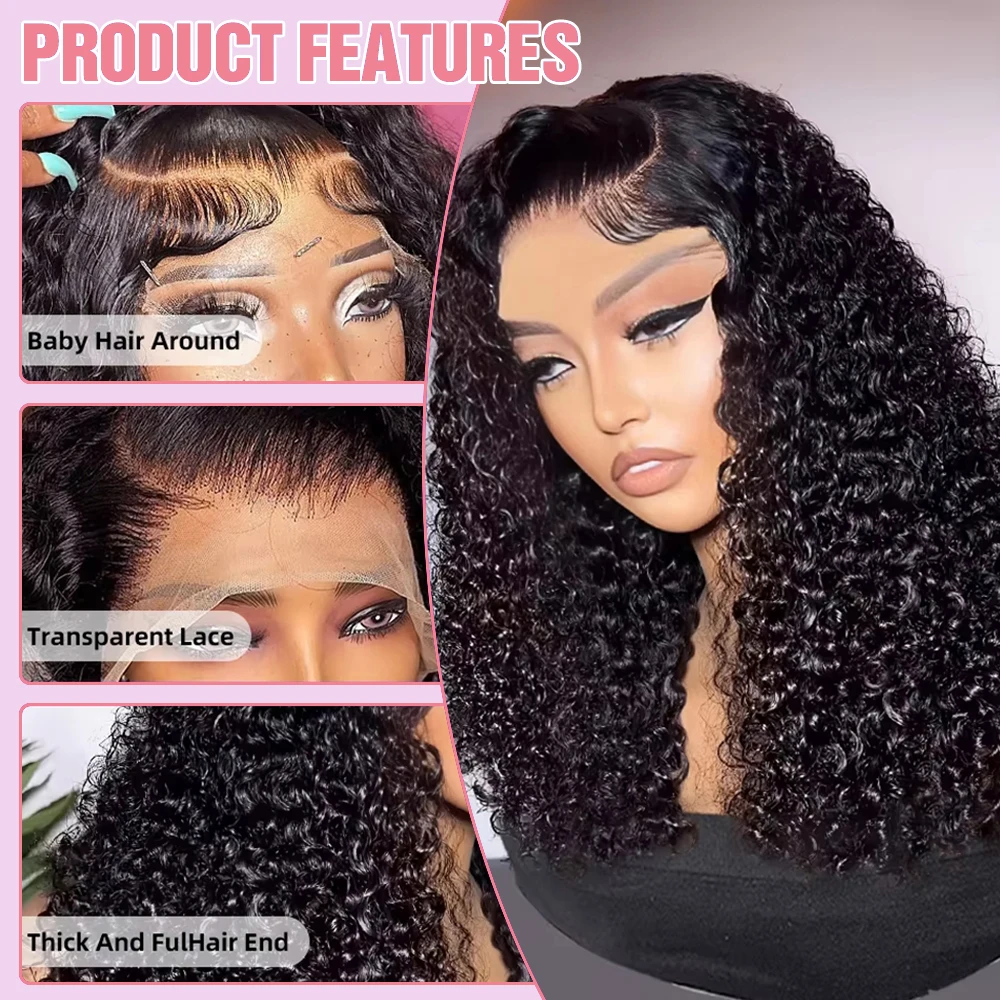 Perucas de Cabelo Humano Cacheado Ondulado de 16 Polegadas, Perucas Frontais de Renda Transparente 13x4, Perucas Bob Curtas de Cabelo Humano Brasileiro com Ondas Profundas, Perucas de Cabelo Humano com Fechamento de Renda 4x4 para Mulheres