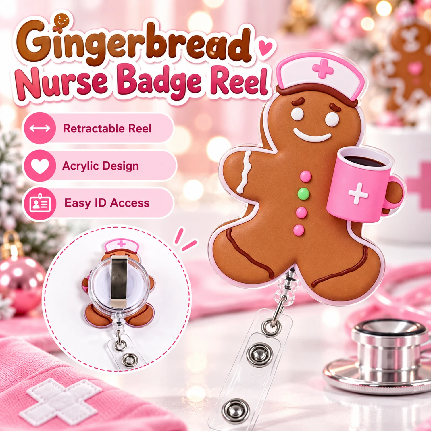 Gingerbread Nurse Retractable Badge Reel, Portable Id Badge Holder Clip For Nurse Hospital Clinic Office Christmas Festive Gift