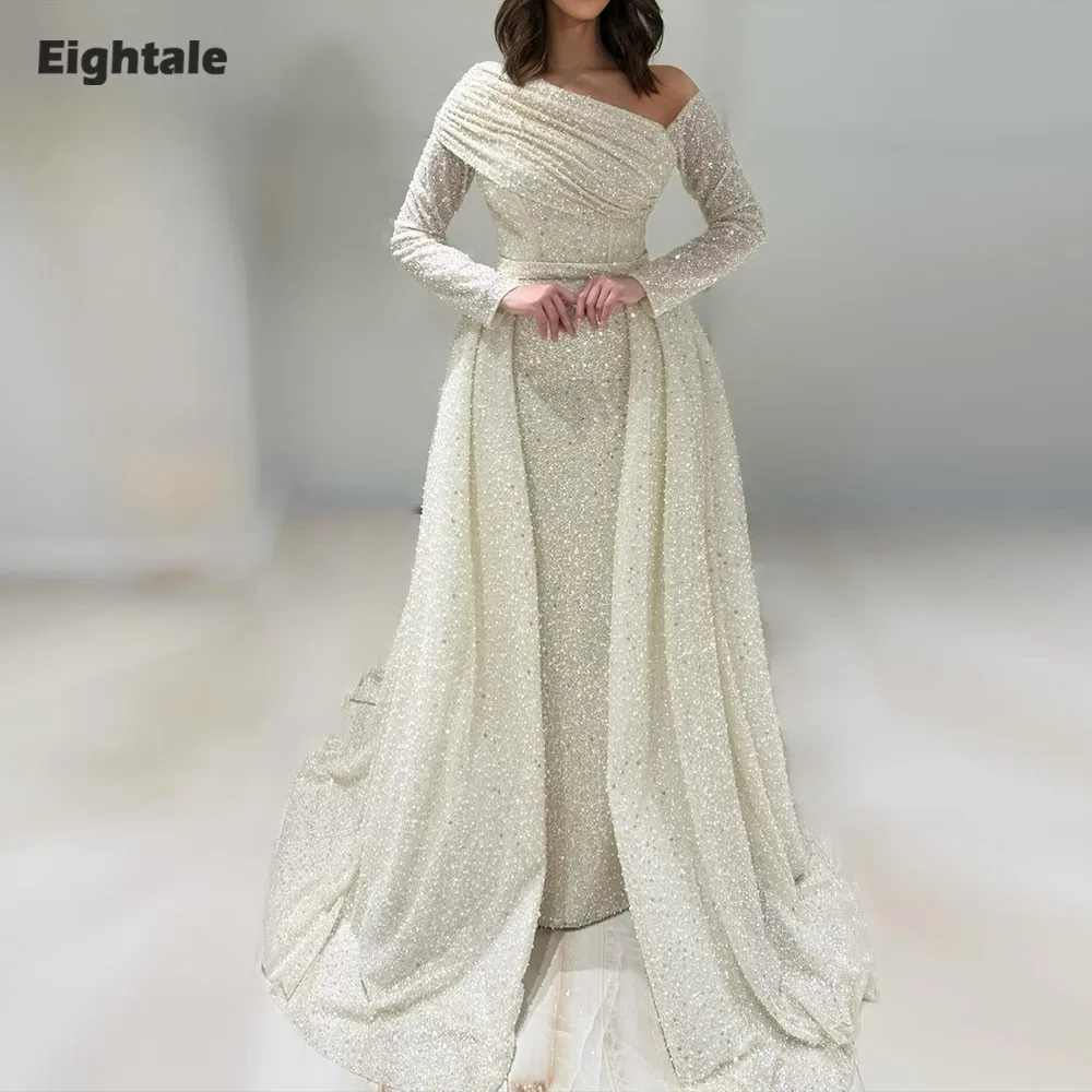 Eightale Arabisches Hochzeitskleid Maßgeschneidertes Elfenbein Meerjungfrau Brautkleid Luxus Lange Ärmel Pailletten Muslimische Braut Partykleid