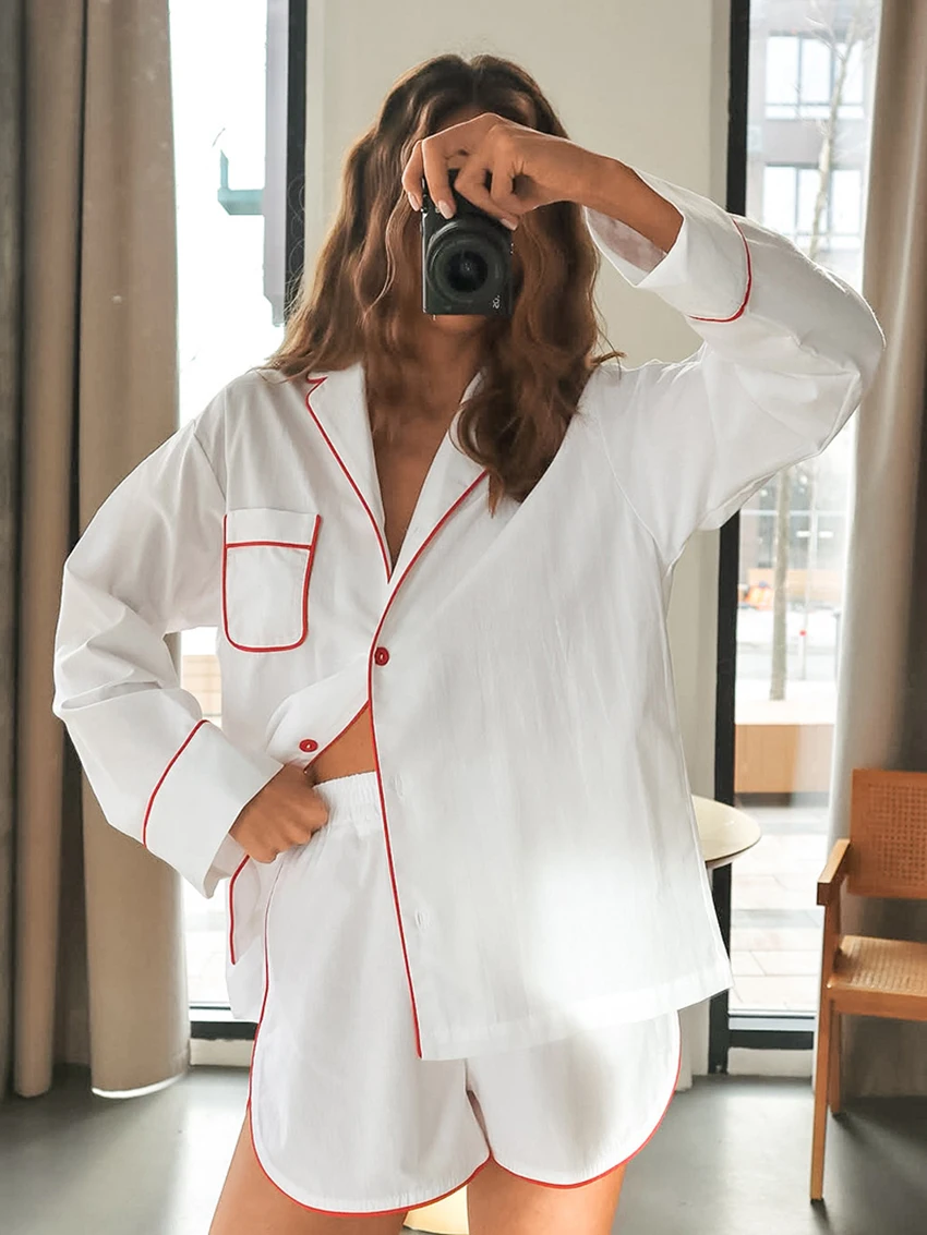 

Marthaqiqi Cotton Women'S Nightgowns Set Long Sleeve Nightwear Sexy Turn-Down Collar Pajamas Shorts Casual Ladies Sleepwear Suit