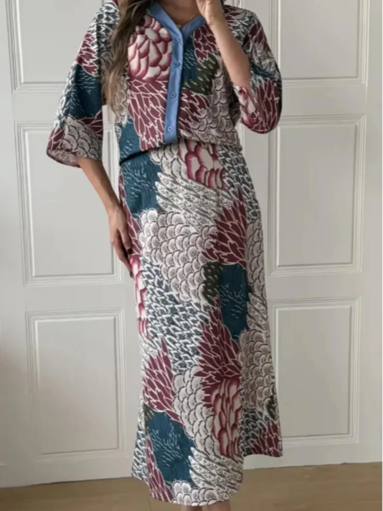 

Повседневный комплект с юбкой с принтом пятен, женская мода, однобортная рубашка с v-образным вырезом, длинная юбка, летняя женская пляжная одежда, праздничная одежда