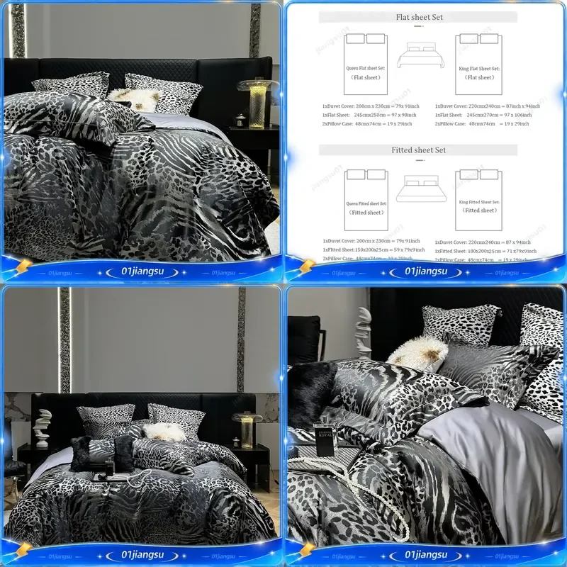 4Pcs Luxury Leopard Print Jacquard Bedding Set Egyptian Cotton Satin Brocade Duvet Cover High End Bed Linens for Bedroom