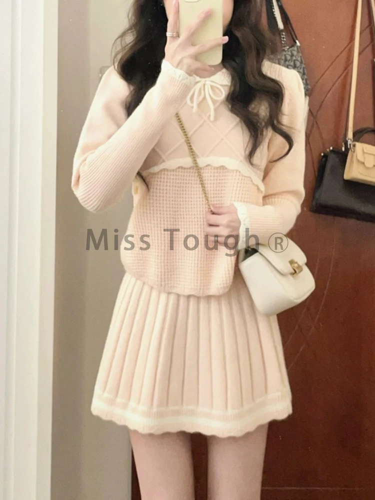 Preppy Style Elegant Knit 2 Piece Suit Woemn Autumn Winter Sweet Doll Collar Pink Skirt Suit Kawaii Sweater + Pleated Skirt Sets