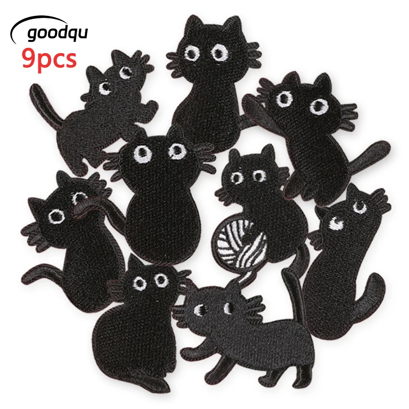 9pcs Black Cats Cute Anime Iron On Patches For Clothes Embroidered Lot Jacket Fabric Sew Kids Stickers Pack Diy Parche Mochila