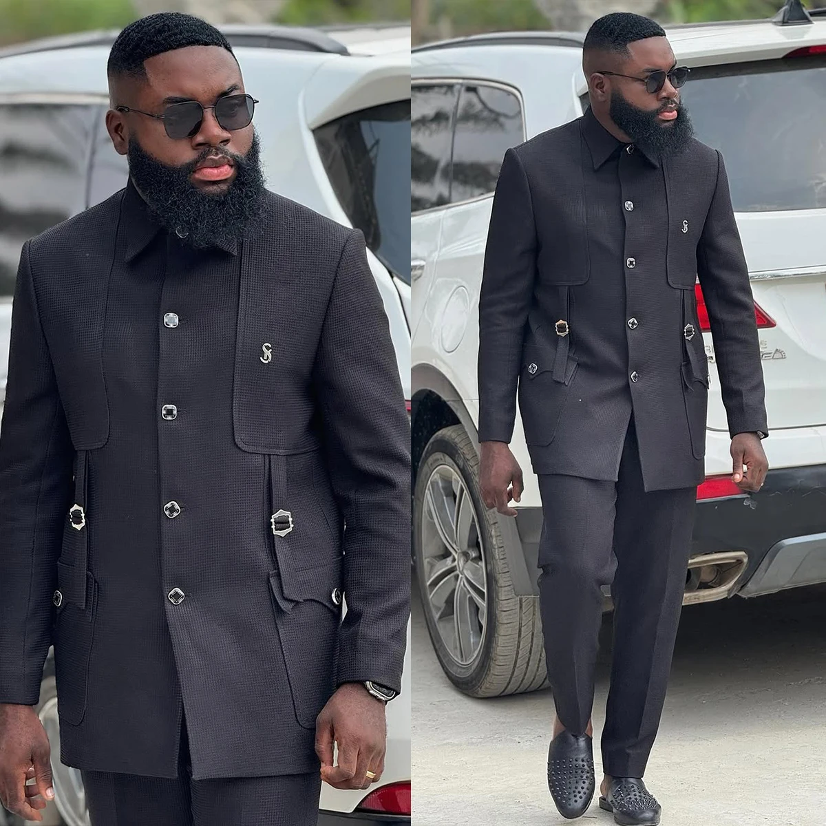 الحديثة مصممة 2 قطع الرجال الدعاوى السترة السراويل العادية صالح التلبيب واحدة الصدر رفرف جيب أنيق مساء الدعاوى مخصص