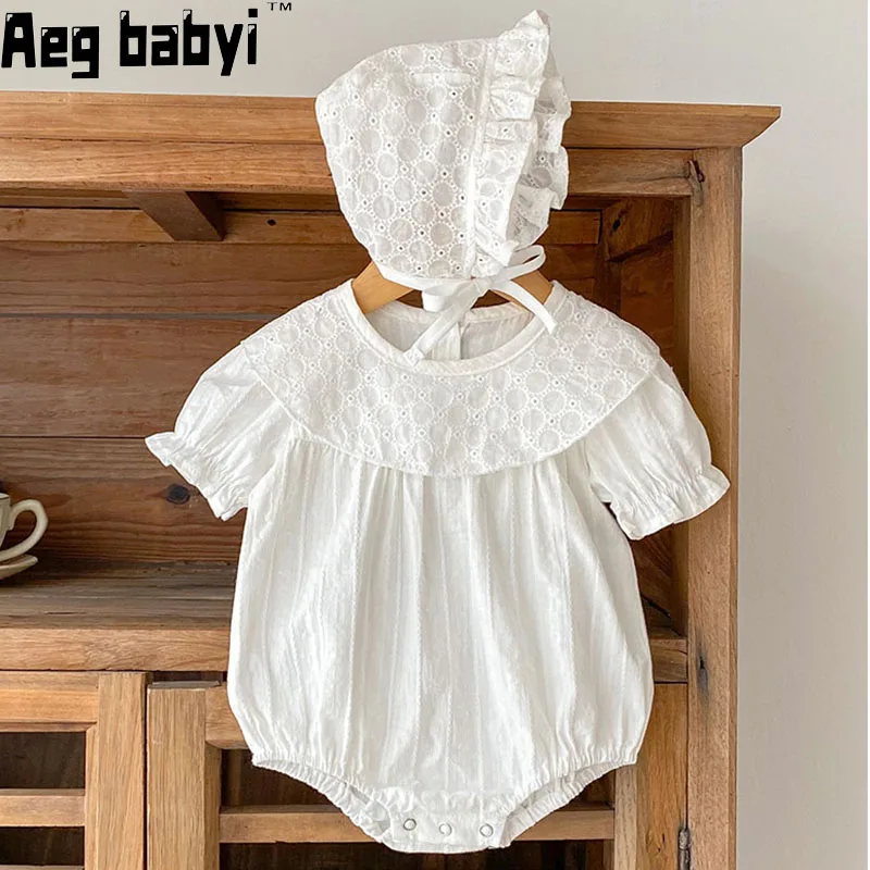 

Baby Bodysuit Girl Clothes Summer Jacquard Lotus collar Infant Rompers Short Sleeve Jumpsuits Cotton Toddler Girl Clothing 0-24M