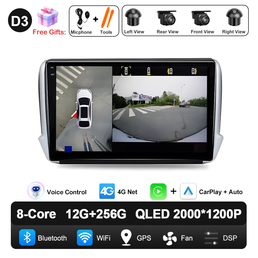Android 16 Navigatie Multimedia Speler Carplay Auto Stereo BT video Autoradio voor Peugeot 2008 208 Serie 2012 2013 2014 - 2018