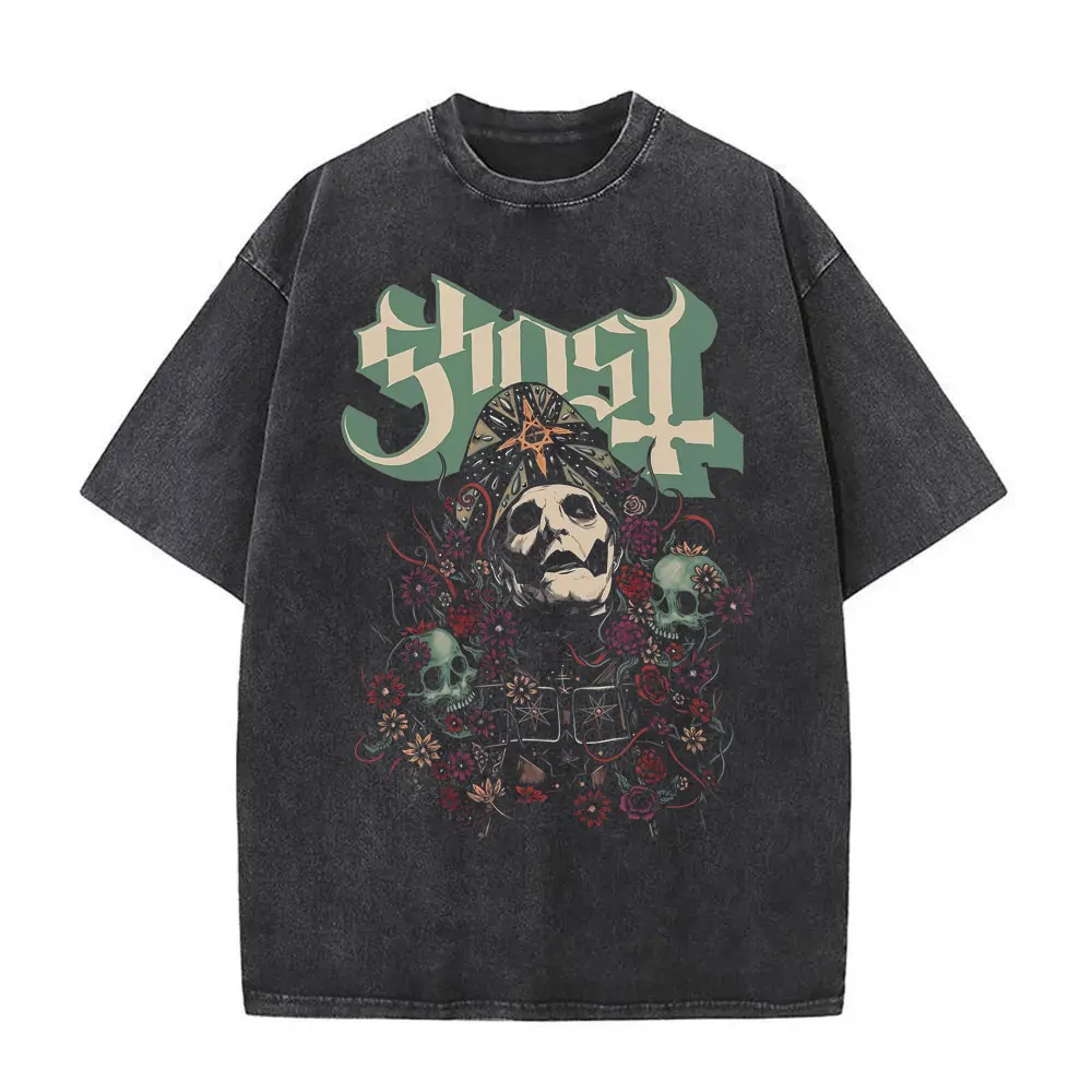 Washed Vintage Ghost Band Graphic Tshirt Skeleton Rock Oversized Printed T Shirts Men Women Hip Hop Gothic Punk Metal T-shirt