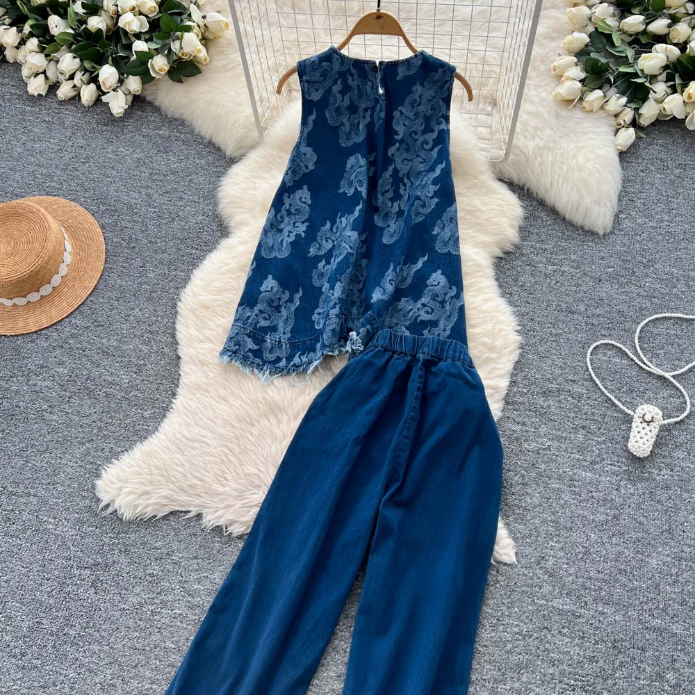 Set di abbigliamento jeans estivi da donna Top in denim allentato senza maniche con scollo a O + tailleur pantalone patchwork a gamba larga