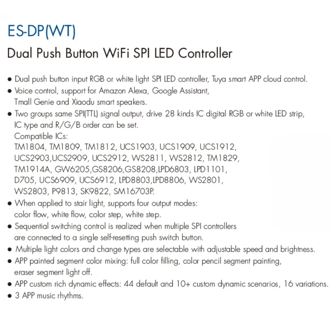 Controlador de luz Led para escaleras, regulador de intensidad con doble botón pulsador, WiFi, ES-DP(WT), SPI, WS2811, 2812, SK6812, tiras LED blancas RGB, 5V-24V