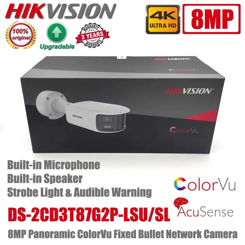 Original Hikvision DS-2CD3T87G2P-LSU/SL 4K 8MP POE ColorVu Panoramic AcuSense Strobe Light & Audio Alarm Bullet Network Camera