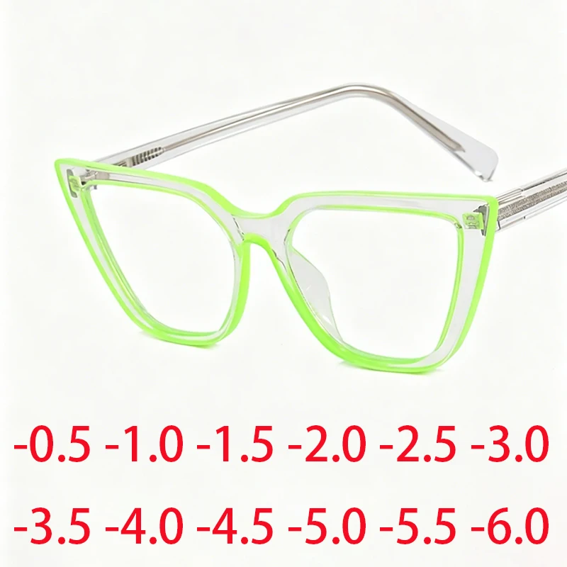 Nouvelles lunettes de myopie pour femmes, transparentes, vert néon, style œil de chat, pour correction de la vue, puissances de -0 à -6.0