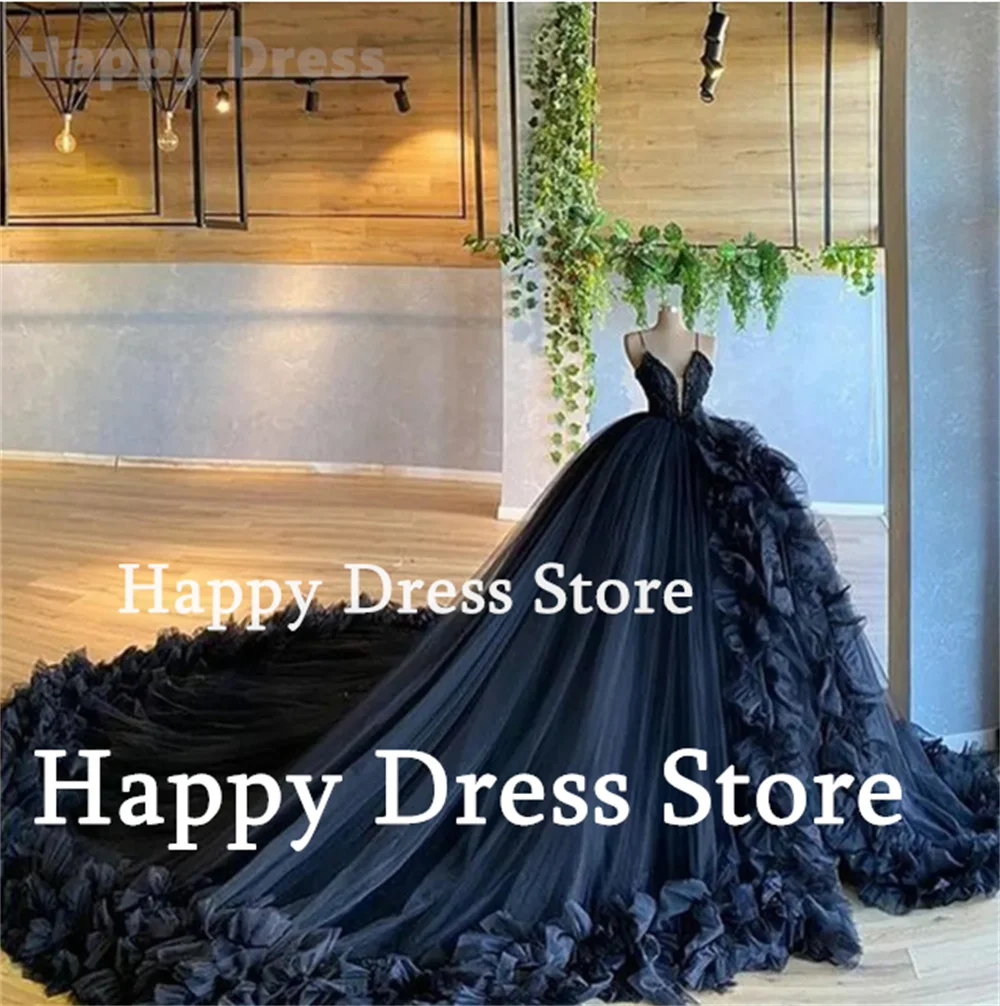 Black Prom Dress Spaghetti Straps V-Neck Princess Ball Gown Tulle Tiered Ruched Show Evening Dress A-Line Birthday Party Dress