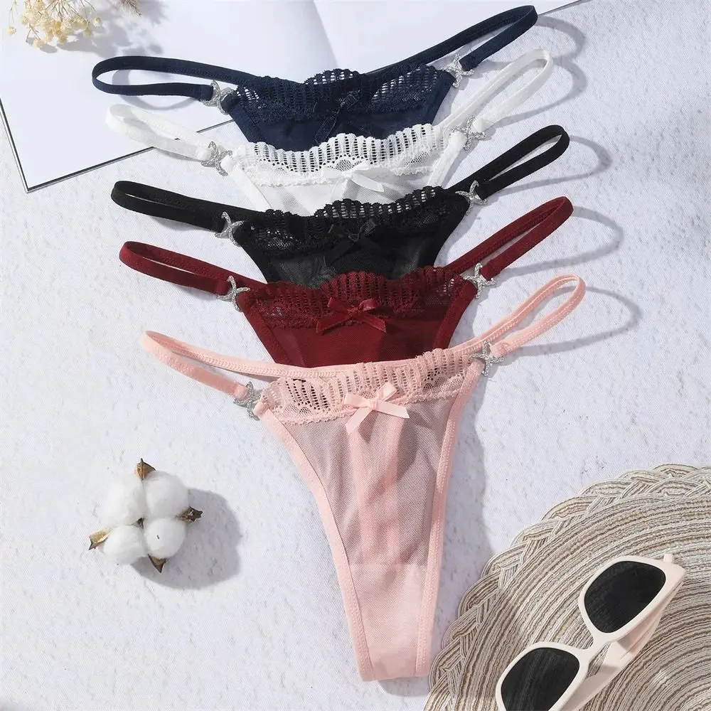 Solid Color Bow Thong Breathable Low Waist Mesh Women G-String Underwear Crystal Traceless Briefs Lady