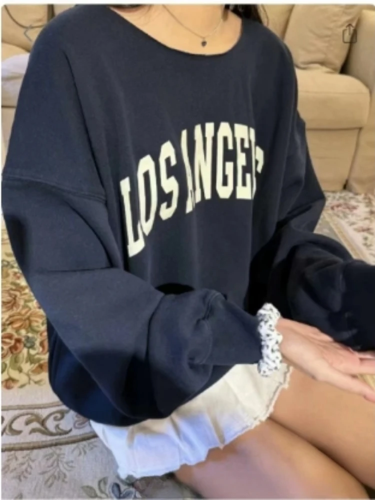 

Navy blue Lettered Slanted Shoulder Collar Sweatshirt for Women 2024 Autumn Casual tops Loose Trendy long Sleeves for Ladies