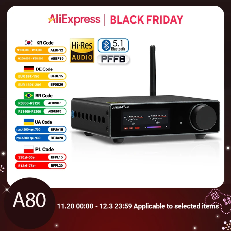 AIYIMA A80 TPA3255 DAC بلوتوث PFFB مكبر كهربائي ستيريو 300Wx2 فئة D 2.0 HiRes مضخم رقمي مع مدخل RCA TRS OPT COA USB