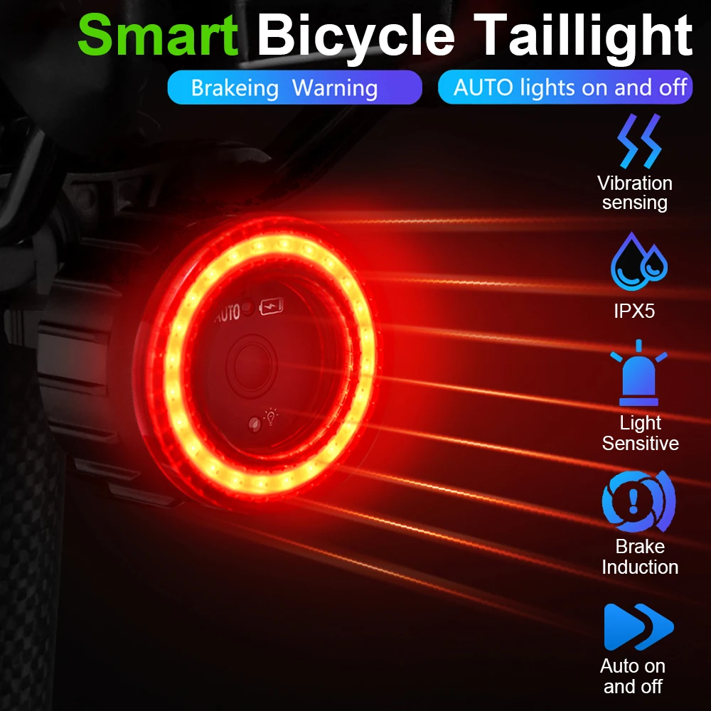 Lumière de détection de freinage automatique intelligente pour vélo, feu arrière de vélo, feu arrière de vélo, feu arrière de vélo d'avertissement, charge LED étanche, C2, nouveau