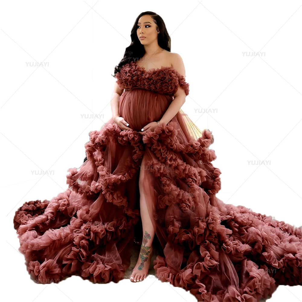 Maternity Gown for Photoshoot V Neck Tiered Ruffled Pregnant Dress Front Split Tulle Robe Women Bridal Shower Lingerie Nightwear