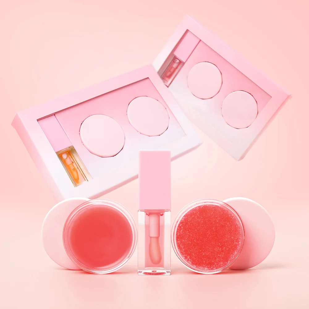 Lip Care Makeup Kit Private Label Pink Packaging Vegan Cream Balm Lip Scrub Gloss Oil Set Moisturizer Anti-Wrinkle Nourishing