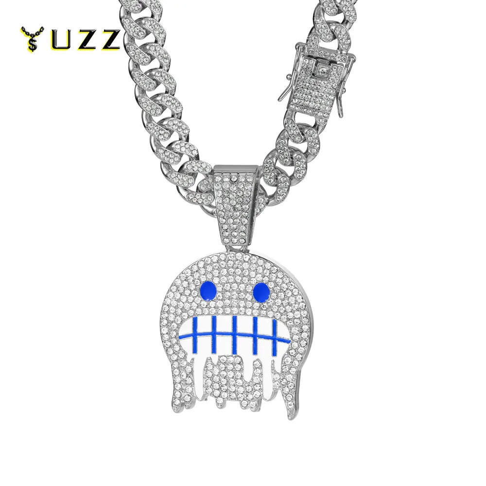 Colliers Hip Hop pour hommes, pendentifs ronds blancs et bleus, avec chaîne cubaine de 13mm, strass glacé, scintillants, bijoux à la mode pour garçons, cadeaux