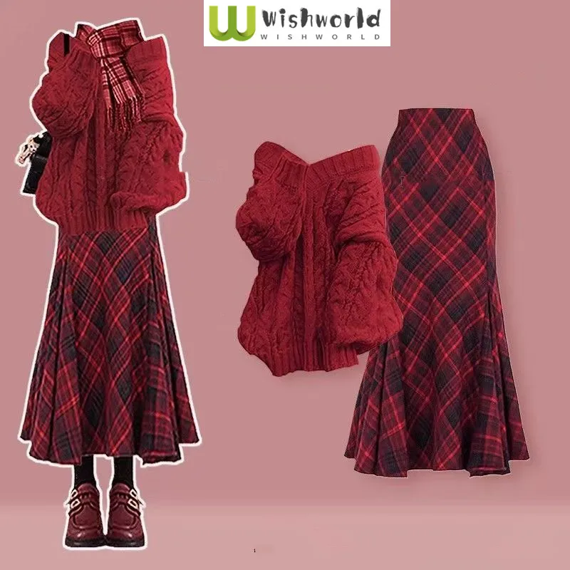 

Fashion Women's Set of Autumn and Winter Red Knitted Sweater+fishtail Plaid Skirt Two-piece Set