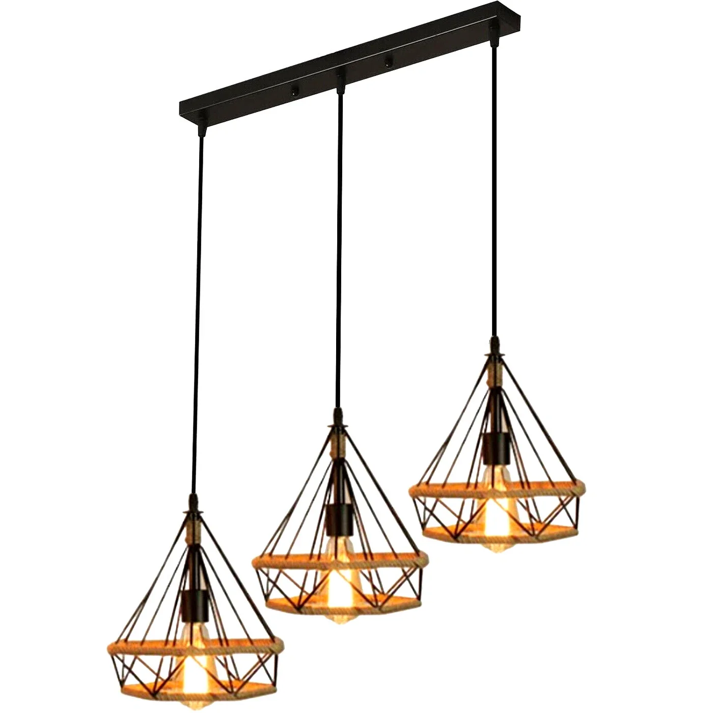 JOYINLED Vintage Industrial Pendant Ceiling Light Diamond Cage Hemp Rope Hanging Lamp 24CM Hemp Rope Pendant Light Hanging Lamp