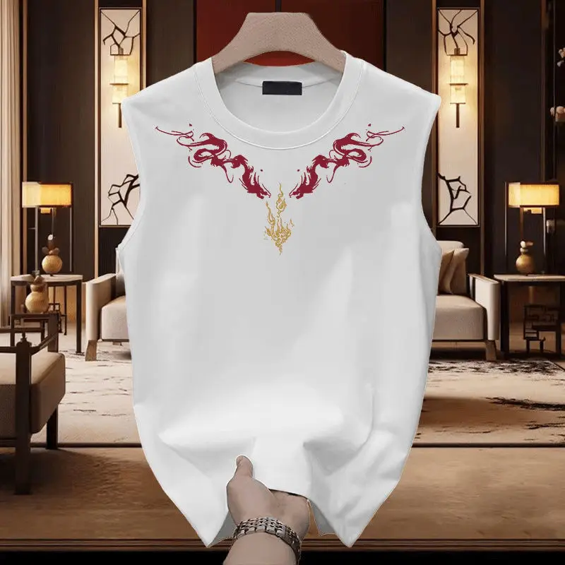 

Модный жилет из чистого хлопка, футболка-жилет для мужчин, национальный модный универсальный свободный топ без рукавов с двойным принтом дракона и круглым вырезом