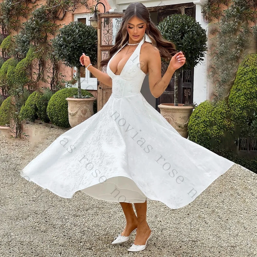 Customized Halter Neck Jacquard Wedding Dress Deep V Neck A Line Midi Bridal Gown Elegant White Muslim Modest 2026 New Arrival