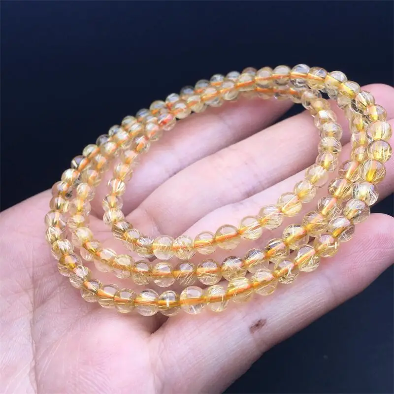 

5MM Natural Gold Rutilated Quartz Triple Circle Bracelet Fashion Wealthy Fortune Stone Round Beads Jewelry Gift 1pcs