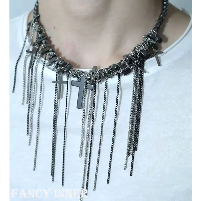 

2025 New Punk Necklace Metal Chain Tassel Cross Beaded Black Stone Hip Hop Unisex Neck Accessaries for Women Men Jewelry