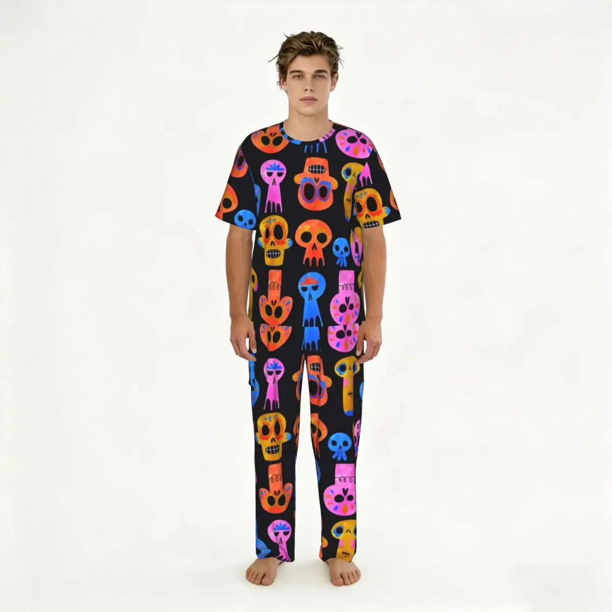

Мужской комплект пижам, летние топы с короткими рукавами + длинные брюки, ночная одежда, домашняя одежда, костюмы, одежда для сна с рисунком черепа на день мертвых