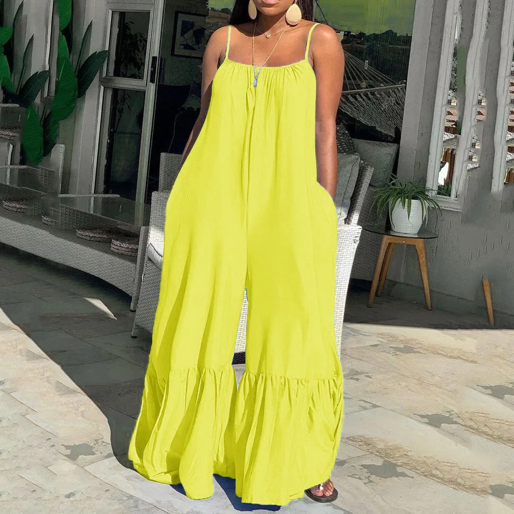 Women Spaghetti Strap Flare Pants Oversized Boho Fashion Loose Jumpsuits High Street Wear Long Jumpsuits Indie Style Bodycon New