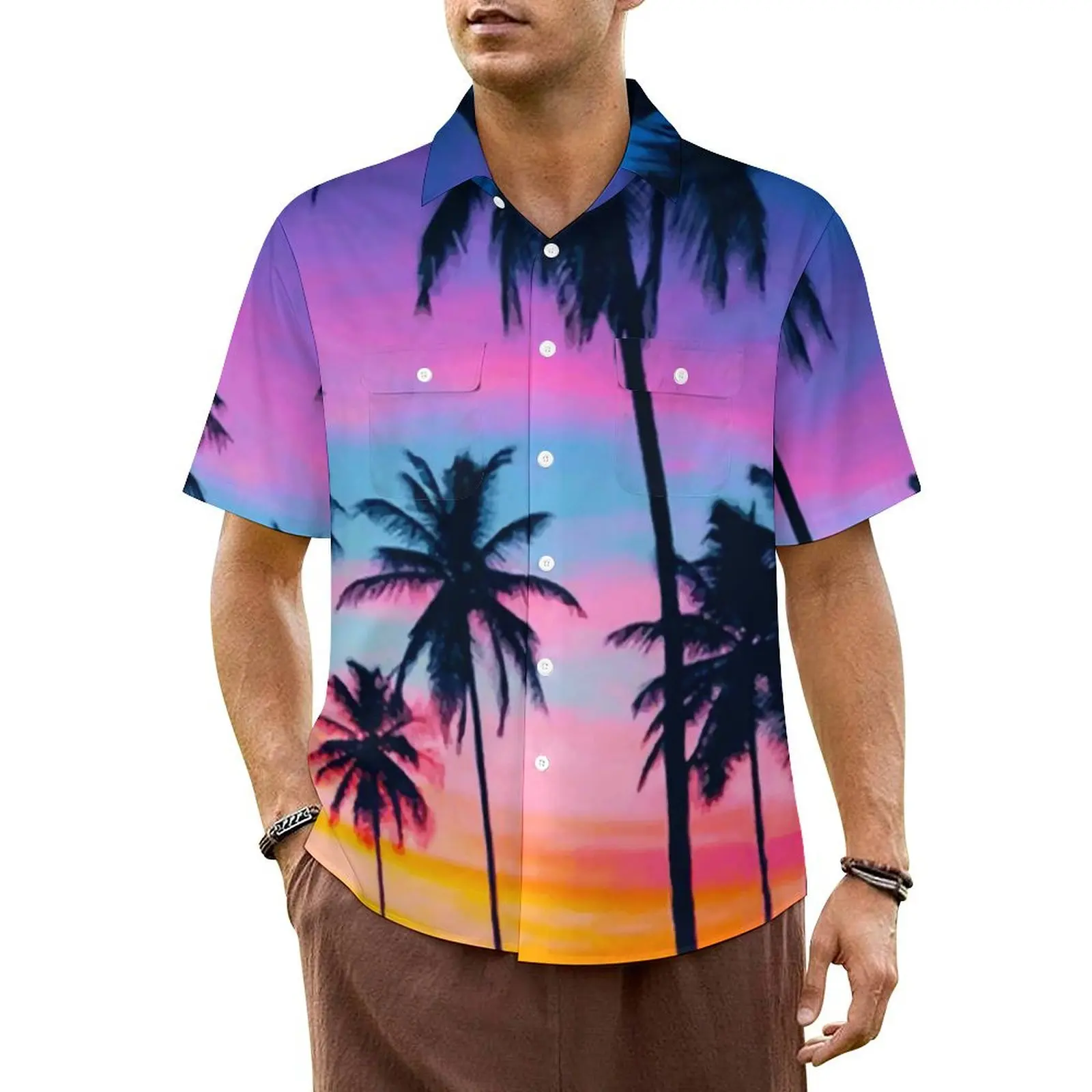 

Hawaii Shirt Vacation Miami Sunset Blouses Palm Trees Print Elegant Casual Shirts Male Short-Sleeve Stylish Plus Size Clothing