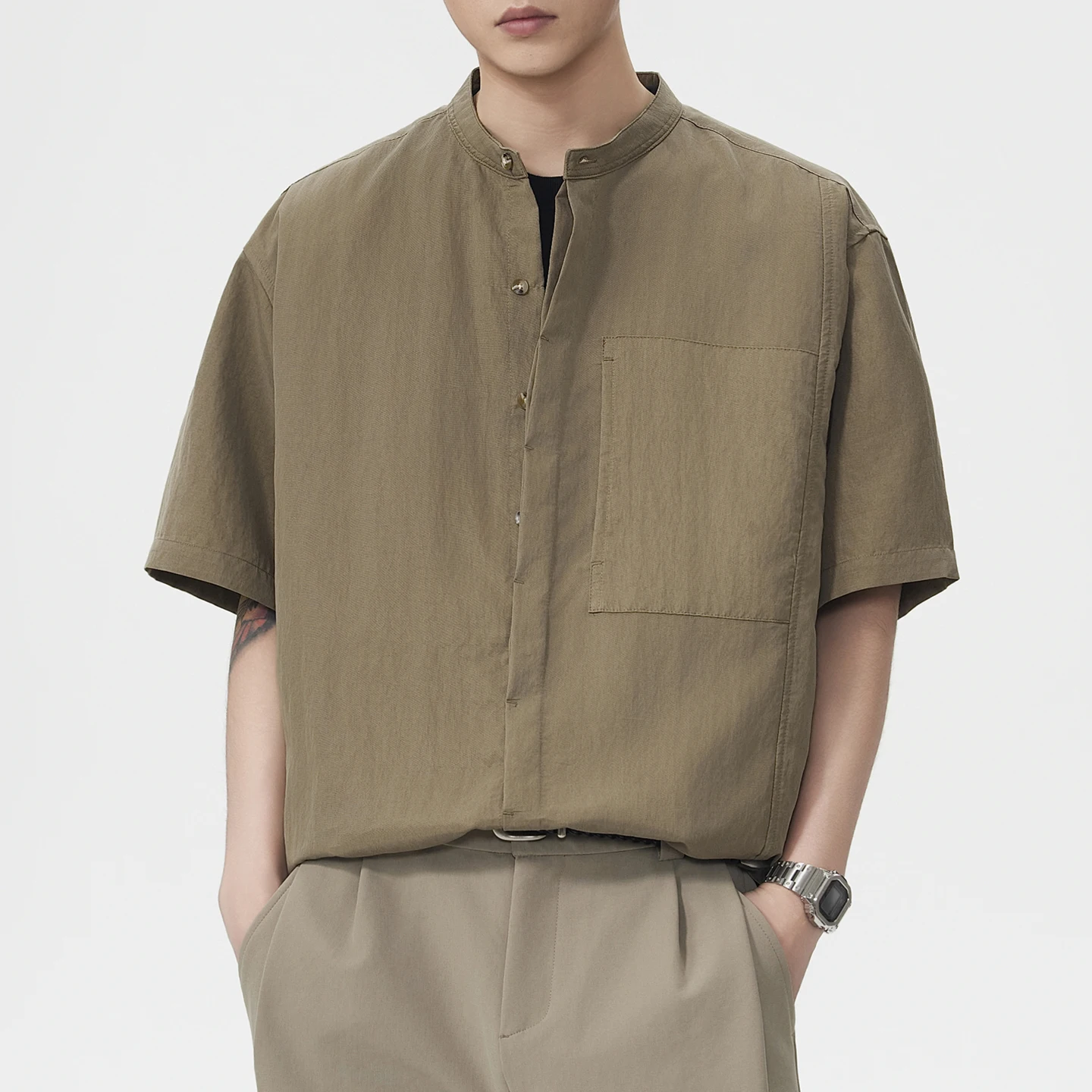 

Japanese Korean Streetwear Shirts Tops Summer Shirt Men Fashion Vintage Stand Collar Short Sleeve Loose Casual Commute Shirt