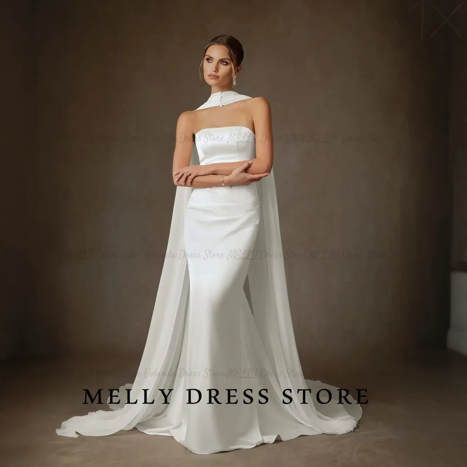 Melly Wedding Dress High Quality Strapless Dresses for Women Satin Mermaid Sweep Train With Shawl vestido de novia Customized