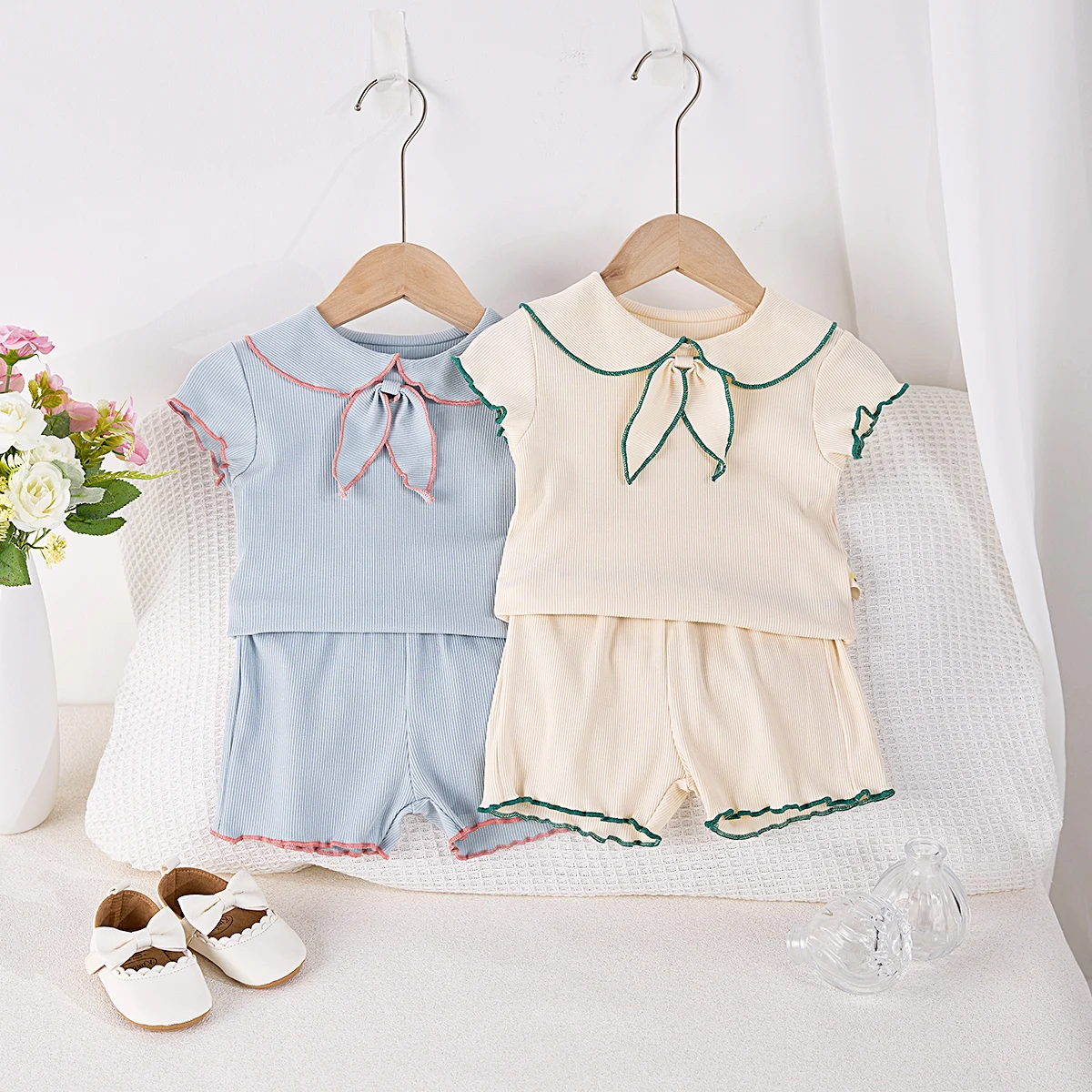 Summer baby girls 2-piece doll neck bow short sleeve top + shorts casual suit