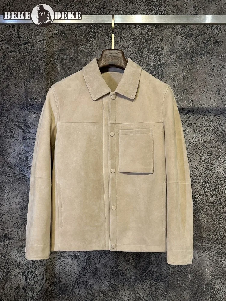 Fashion Business Casual Mens Genuine Leather Jacket Lapel Single Breasted Real Sheep Suede Outerwear Office Men Designer Coat
