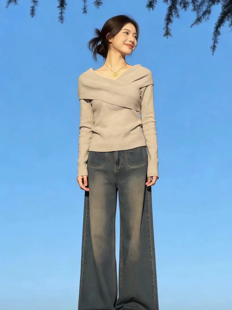 

i Color V-Ne Knitted Sweater Women's Spring Season Slim Fit Asymmetrical Design Waist-Cinching Base irt French Sle