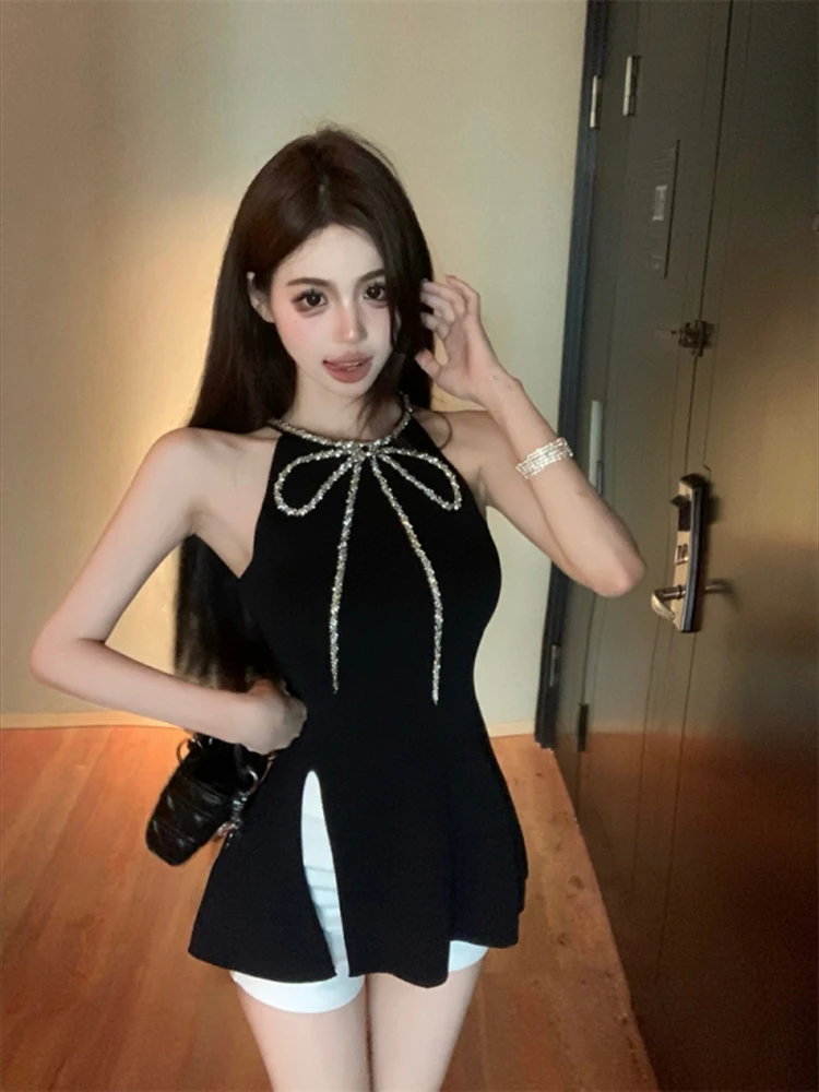 Vintage Bow Rhinestone Sexy Split Knitted Camisole Women 2024 Summer New Korean Solid Color All Match Halter Tops