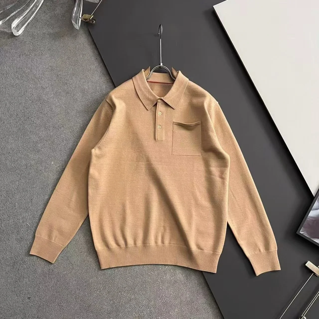Italy BC pocket embroidered old money style men's knitted sweater lapel bottom long-sleeved POLO shirt