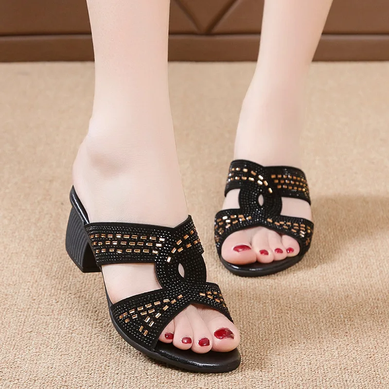 Women\'s Open Toe Slippers Fashion Rhinestones Decor Platform Slipper Summer New Comfy High Thick Heel Slippers Mother Sandals